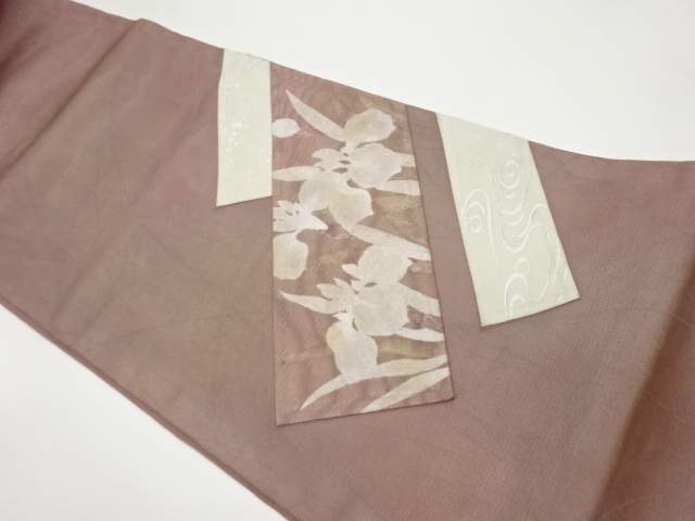 紗 パッチワーク銀彩菖蒲に流水・色紙散らし模様袋帯